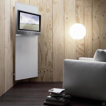 Rimpiattino is a corner TV stand panel with coat rack