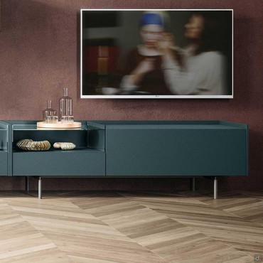 Modern TV stand with metal feet Kaen, height 51 cm. Available with hinged doors, drop-down doors, deep drawers and open compartments