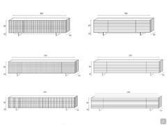 Schemes and measurements of Fado TV unit, available in three sizes and and in two different 3-D patterns on the sides and frontstali e fianchi