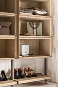 Open storage compartments with lower shoe-rack shelf, made from fashion wood in the Natural Oak finish