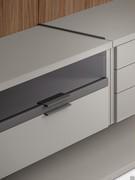 Suspended drawer unit with drawers in clear grey glass and wood