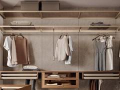 Example of Horizon Lounge walk-in closet equipped with coat rack, hanging drawers and pull-out accessories. A classic yet functional configuration