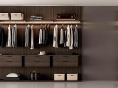 Horizon Lounge walk-in wardrobe composition with clothes hanging rod, hanging drawers and foot board in DC Dark melamine