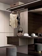 All shelves of the Horizon Lounge walk-in wardrobe, available in wood or glass and metal, can be fitted with LED bars for wall lighting