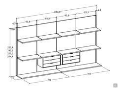 Composition scheme of the walk-in wardrobe with Horizon Lounge panelling, in the 4 available heights