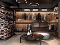 Horizon Lounge walk-in closet with shelves and hangers in a large horseshoe composition with shoe shelves