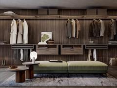 Horizon Lounge walk-in wardrobe with full-width DC Dark melamine back panels. (Internal side panels and drawer bottoms are made of melamine UB05 hemp wadding and not in the same colour on the outside, as in the photo)