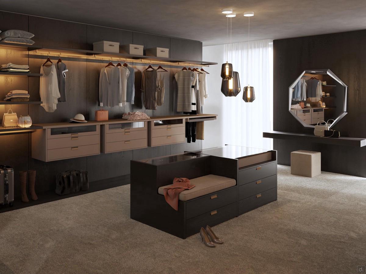 Horizon Lounge walk-in wardrobe with rack system, modular and equipped with shelves, drawers and other accessories