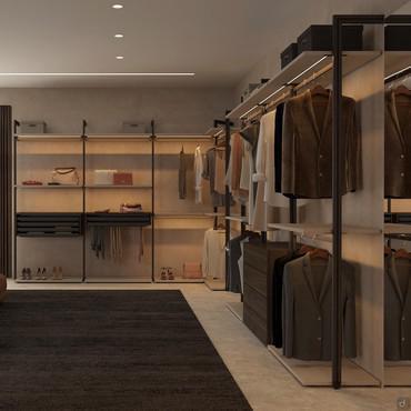 Venus Lounge walk-in wardrobe with wall uprights