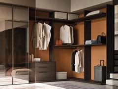 Bay Wide walk-in wardrobe adjacent to Midley Wide mirror wardrobe. Wood-effect veneered shelves and sides, matt lacquered back panel