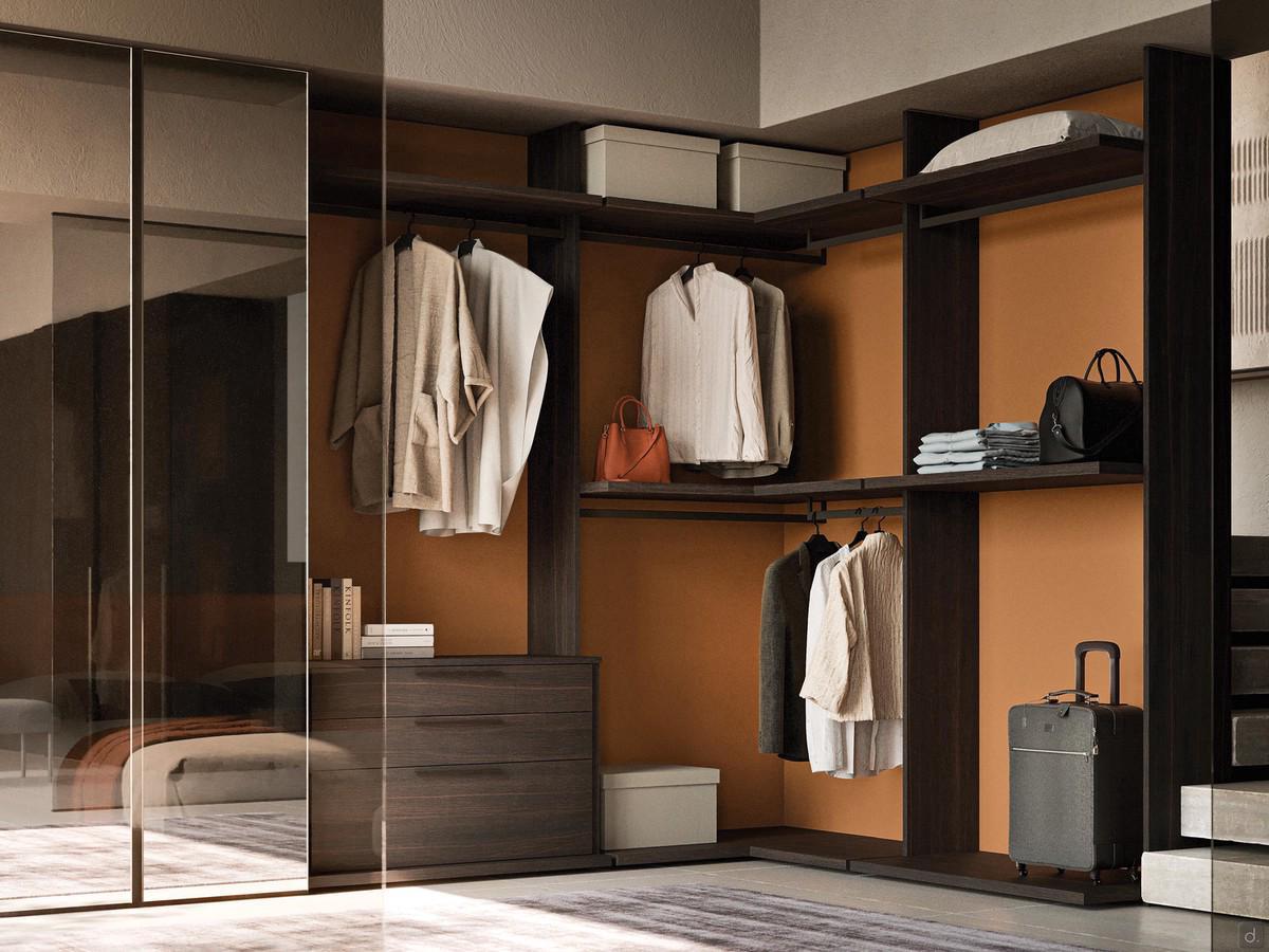 Bay Wide walk-in wardrobe adjacent to Midley Wide mirror wardrobe. Wood-effect veneered shelves and sides, matt lacquered back panel