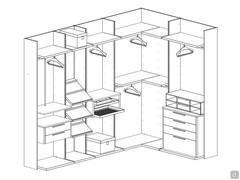 Example of a Bay Wide walk-in wardrobe composition, with corner element and all equipment available in the dedicated tab