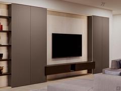 Lounge TV wall with boiserie and side columns - 10:10 cappuccino matte lacquered doors and wall-hung base units in grey, aged oak