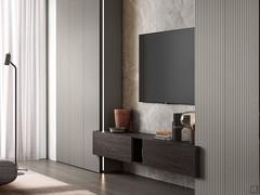 Wall unit with Grey Stone panelling, suspended base in Carbon oak. Fronts in matt titanium lacquer with 10:10 processing.