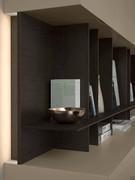 Open compartment in matt lacquer (Canvas) and wall panel with oak-wood shelves (Carbon)