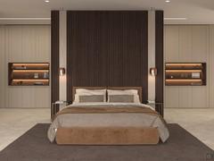 Lounge wall panels in grey open pore oak with plissé decoration.