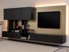 Royal wall system with base units, open elements, wall panelling with shelves, wall units and back panels