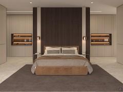 Luxurious sleeping area with fitted cupboards and LED lighting