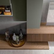 Detail of Plan floor bench in Bisquit fashion wood