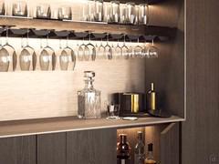 Internal accessories for the Lounge column cupboard: wooden shelf, wine glass rack and shelf in smoked glass (0,8 cm thick)