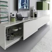 Plan cabinet with sliding doors and moka shine-painted metal handles