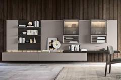 Wall unit with alternating backrests matte lacquer arena and fashion wood fossil oak