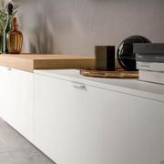 Detail of Plan living room with drawers, M handle in white painted metal