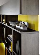 Detail of shoulders, shelves and vasistas doors in oak veneer and backs in matte mustard lacquer (colour not available)