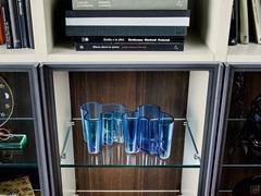 Detail of the display cabinet with internal glass shelves, LED lighting and back panel in oak wood veneer