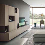 Plan 12 living room storage units; wall units are less deep than the cabinets allowing to create an additional support