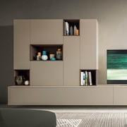 Detail of the wall units and open boxes in contrasting colours