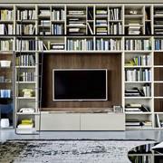 Bespoke wall system with bookshelf Way 09: view of TV panel with lacquered base containers and wood veneer back panel with LED lighting