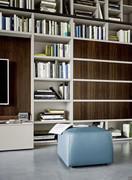 View of the bookshelf with matt lacquered sides and shelves and heat-treated oak doors