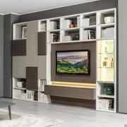 Wall system with bookshelf and TV panel Way 25. It is completed with opened book-shelf column, compartments with doors and showcase wall unit.