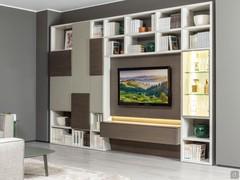 Wall system with bookshelf, TV panel, showcase. Finishes and colours of your choice. Integrated LEDs.