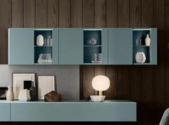 Wall cabinets with hinged door and open compartment Plan Display matte lacquered Sugar Paper with Night Blue backsplash