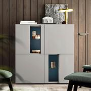 Sideboard composed of Plan hinged wall units and wall units Plan Display matte lacquered Gravel with Night Blue backs