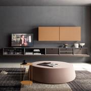 TV stand composition with wall units Plan Square matte lacquered Lead. Optional interior drawers in 1031 leather.