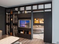 Bridge wall unit that separates and connects two rooms