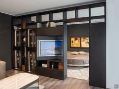 Double-sided storage wall with bookcase shelves, storage spaces, display cabinets, TV stand panel