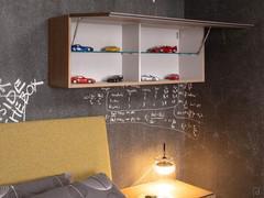 Wall unit with Plan flap door in Fashion Wood finish, with internal divider and clear glass shelf