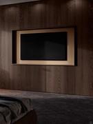 Lounge living room wardrobe with TV compartment - doors are smooth and some feature 10:2 decorations, in grey aged oak wood, compartment for TV up to 100 inches is in Brass lacquered metal