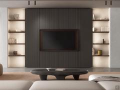 Living room furniture with central TV and side niches with wall shelves, backlit by LED bars embedded in the sides of the Lounge cabinet