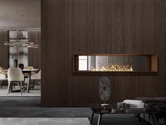 Double-sided partition cabinet with Lounge fireplace - Grey open-pore oak wood fronts with 10:2 processing