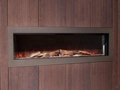 Detail of the 3D electric fireplace with frame in bronze metallic lacquer