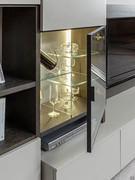 Display cabinet detail: glass door with handle, clear glass partition element, with LED spotlights recessed in the sides