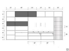 Diagrams of the 393-cm B version of the Way 27 wall unit, with dedicated measurements (right) for the internal drawer and suspended base units.