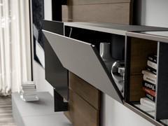 Folding wall unit in matching wall unit with metal frame and glass top