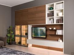 Way 28 wooden door wall unit with open compartments, display case and metal shelves