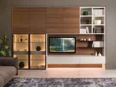 Way 28 wall unit with wooden doors, each component has customisable finish with choice of textured melamine, matte, metallic, glossy lacquer or veneered woods